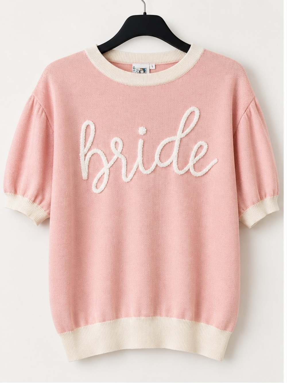 QUEEN OF SPARKLES Pink Crewneck Sweater with Cream Trim and 'bride' Script